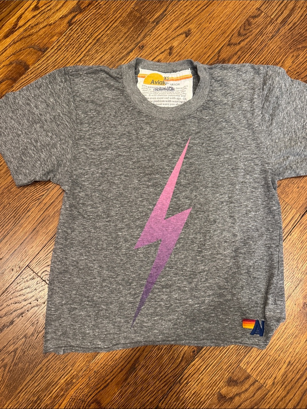 Aviator Nation Heather Gray Tee with Pink-to-Purple Lightning Bolt